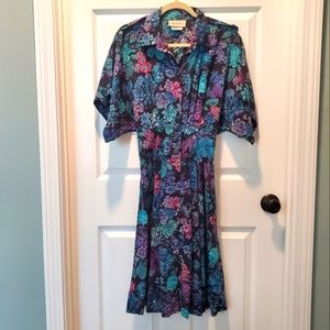 Vintage 80s floral button down collared dress Caroline Wells Collection size 10